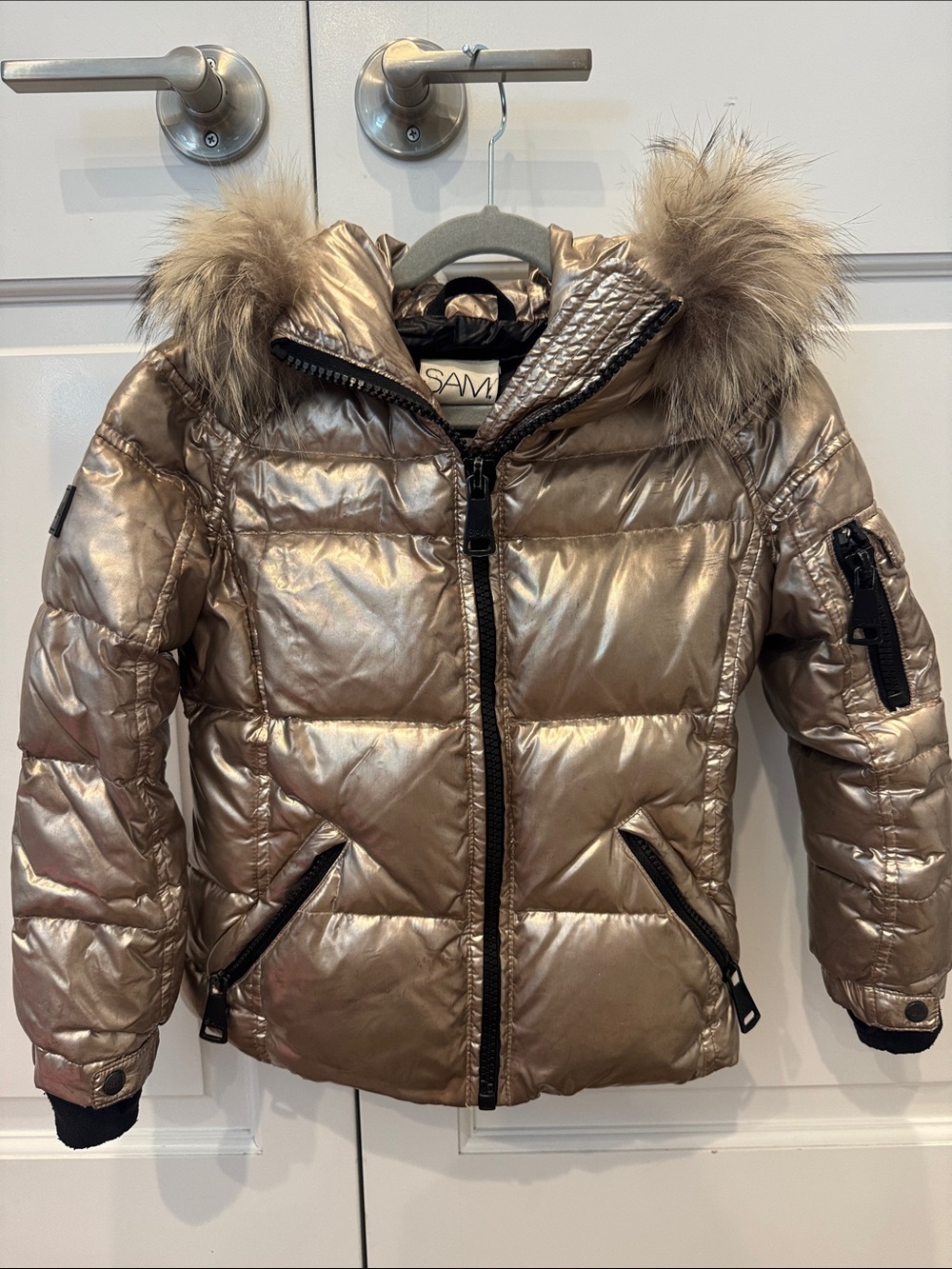 SAM. Metallic Gold Puffer Jacket with Faux Fur Trim Hood